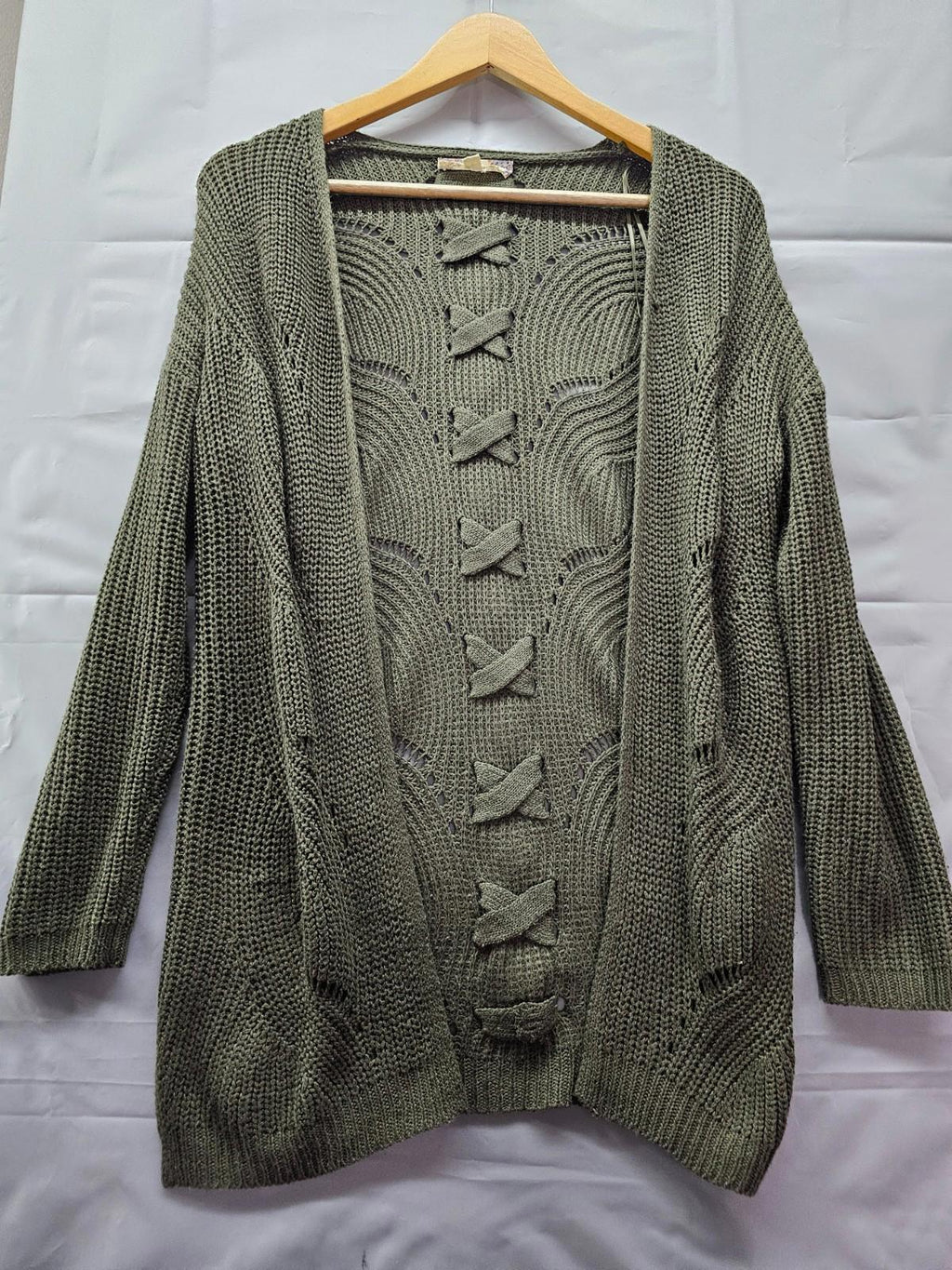 Pink Republic Olive Green Knit Cardigan Women Small Bow Back Open Front Sweater