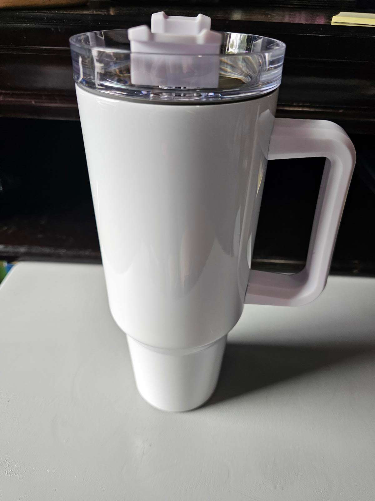 40oz White Insulated Travel Mug with Handle & Lid – Sublimation Ready / Blank