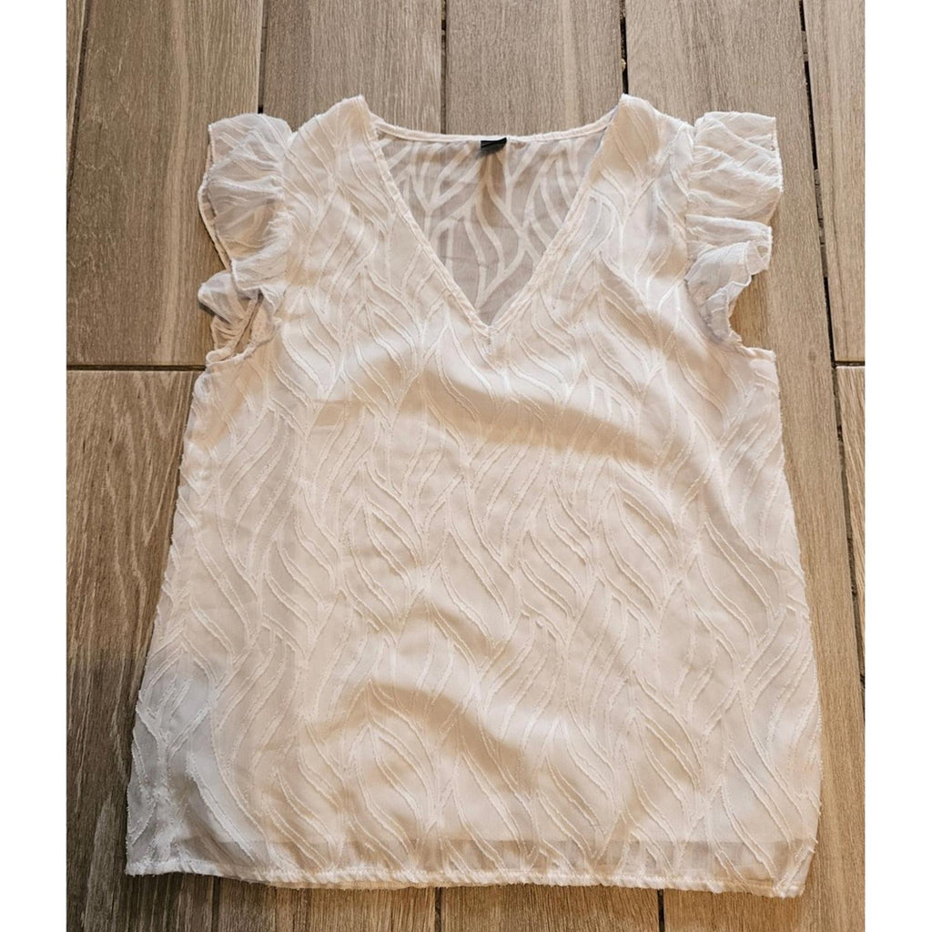 NiaY White Ruffle Sleeve V-neck Sheer Textured Blouse S