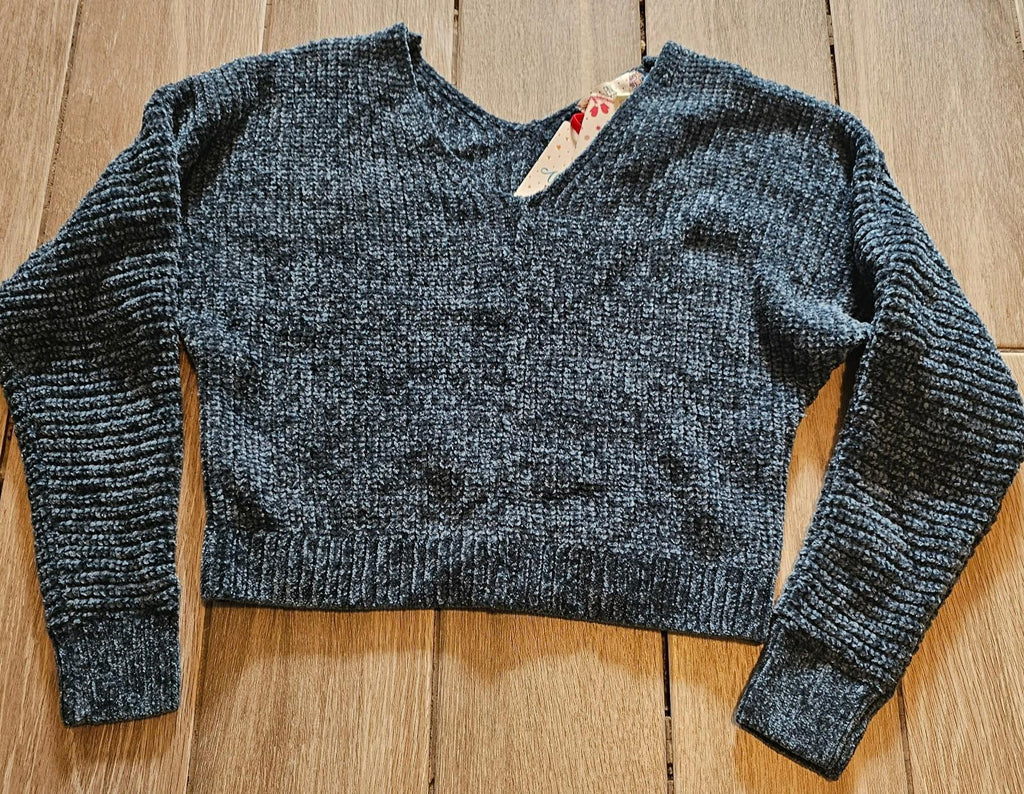 Pink Rose Women's Navy Chenille Cropped V-neck Sweater XS