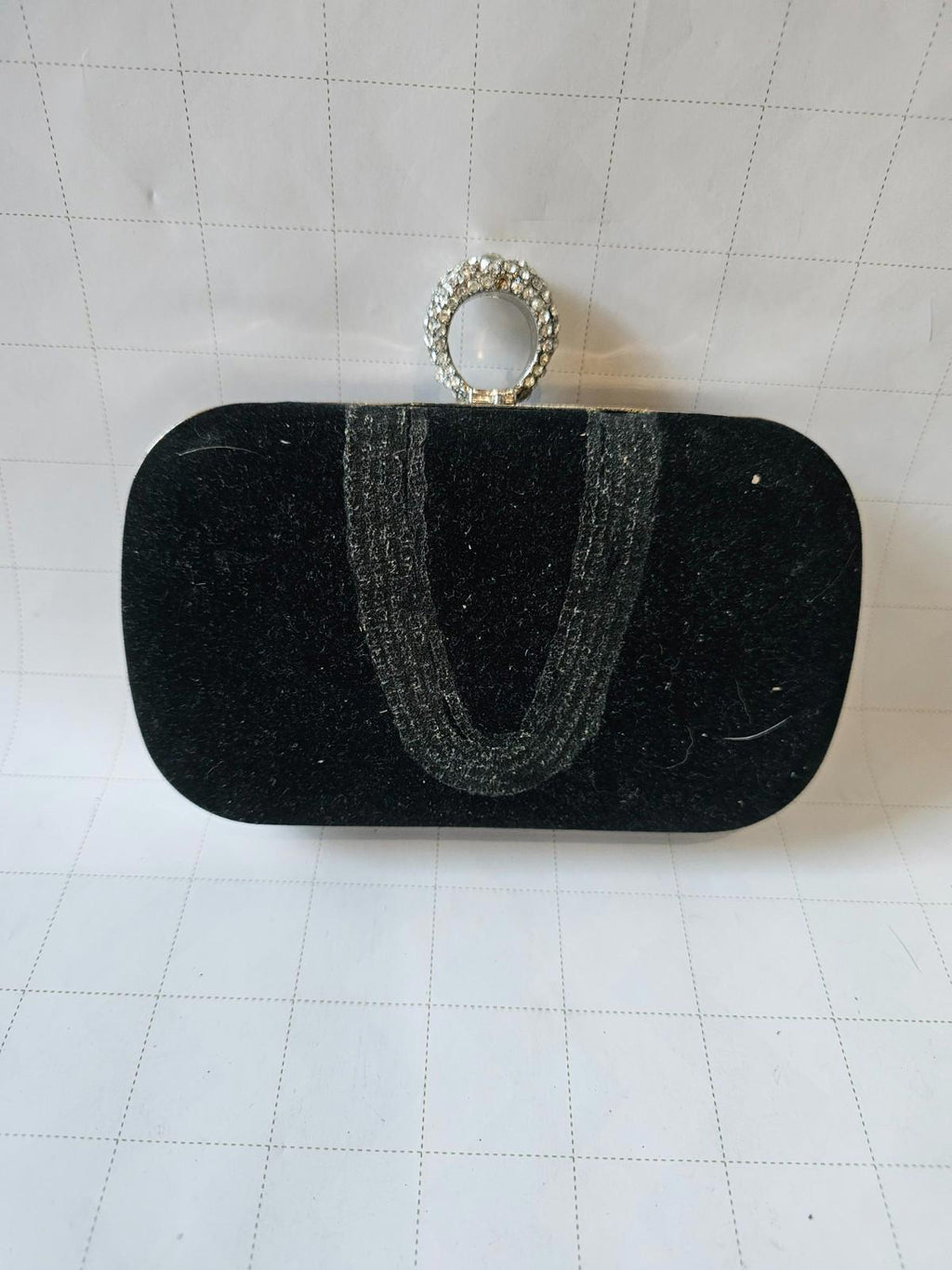 Sleek Black Velvet Clutch with Bling Ring