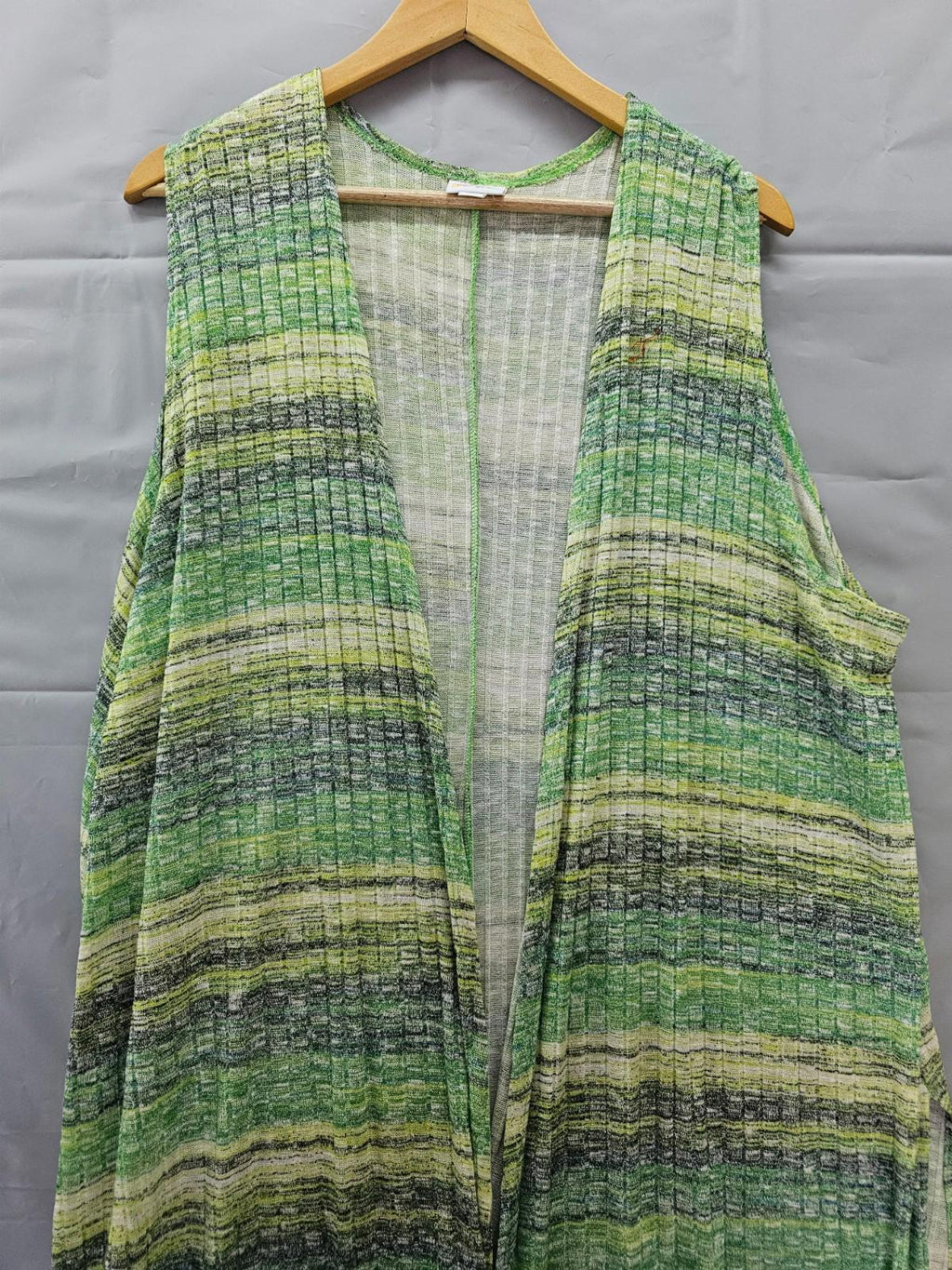 LuLaRoe Long Duster Vest Green & Yellow Striped Open Front Women’s XL