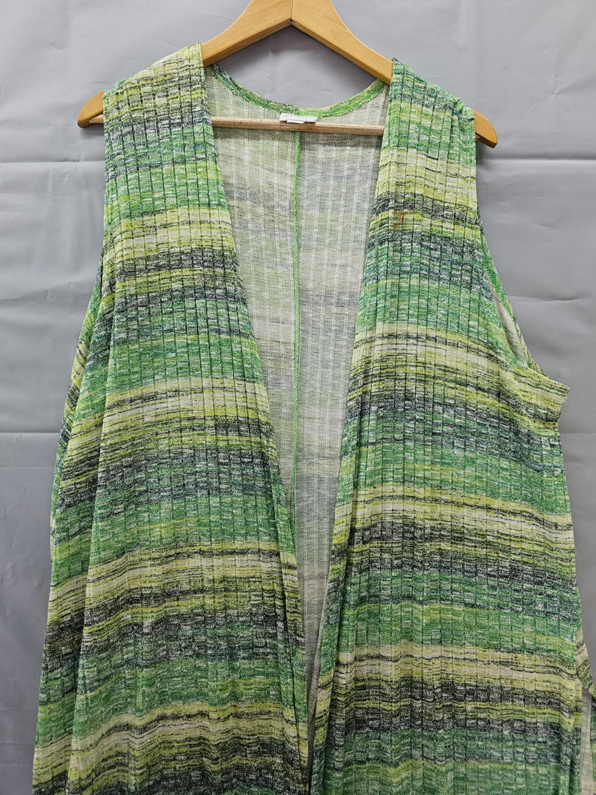 LuLaRoe Long Duster Vest Green & Yellow Striped Open Front Women’s XL