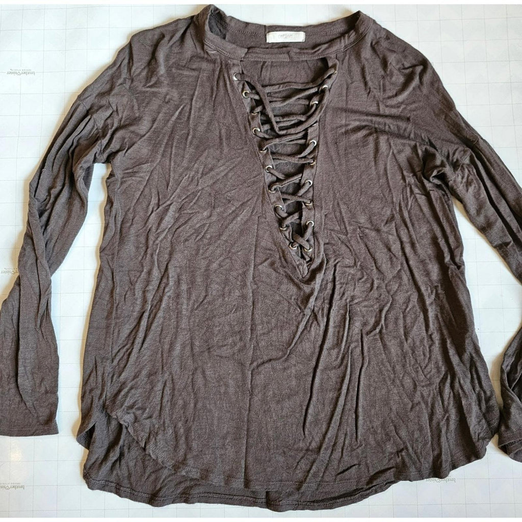 Cherish Brown Lace Up Long Sleeve Top Women's Medium