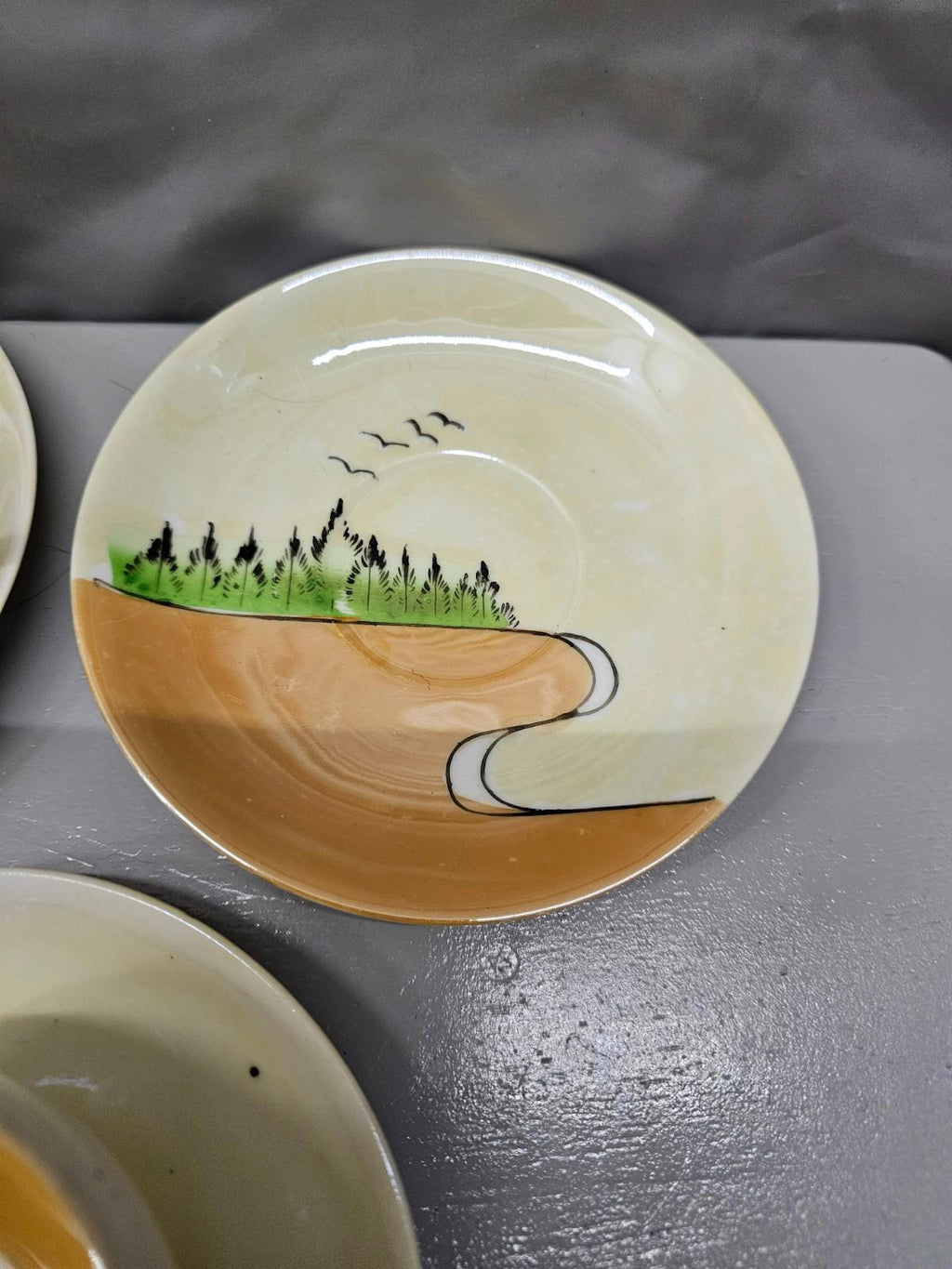 Vintage Hand Painted Japan Teacup Saucer Set of 4 Cottage Scene Nippon